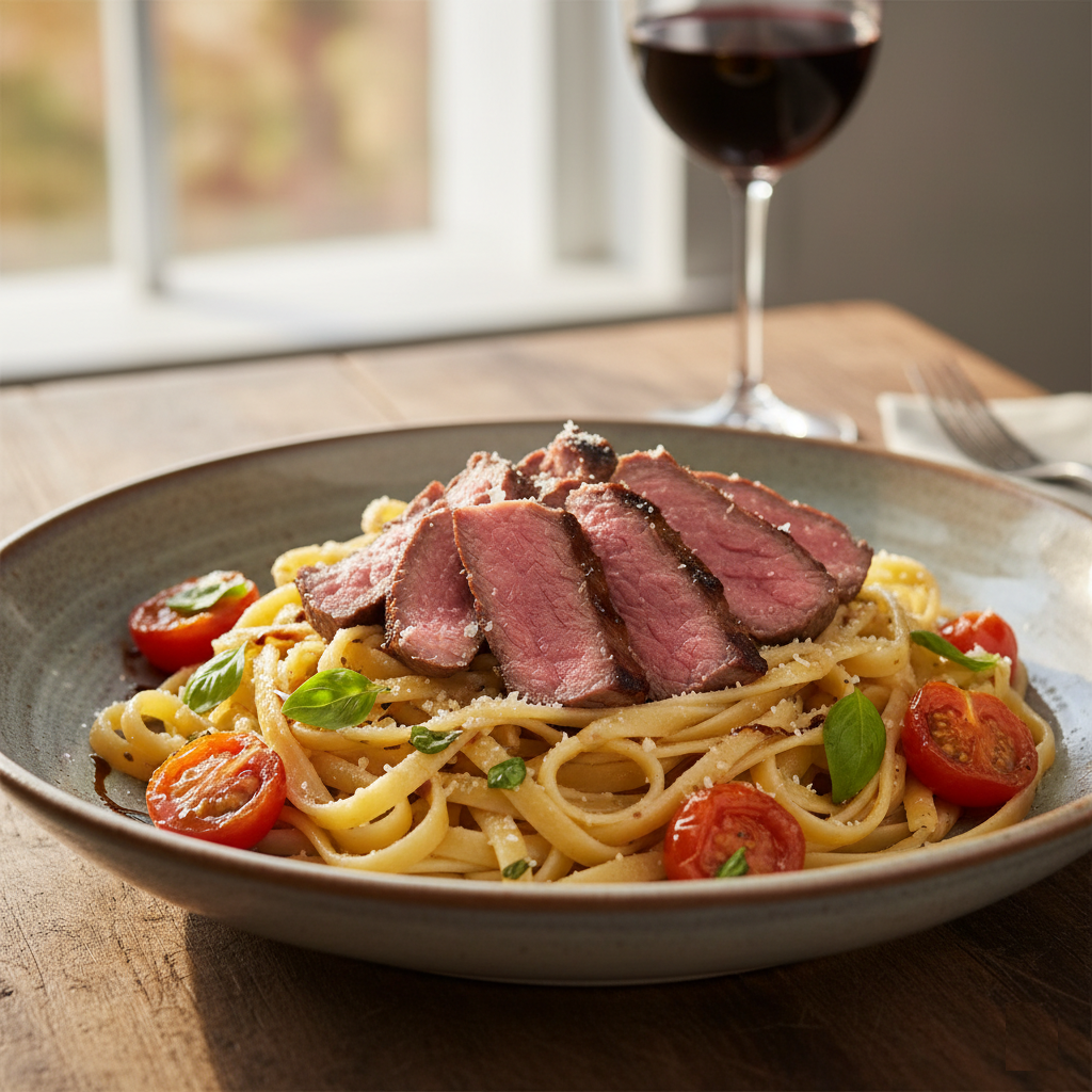 tagliatelle steak cherry tomaatjes